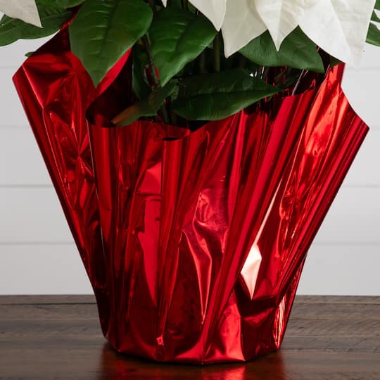 Nearly Natural 30" White Artificial Grand Velvet Poinsettia Arrangement in Red Wrapped Planter